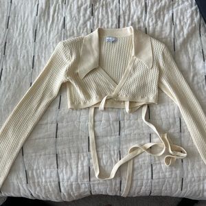 Danielle Bernstein by WEWOREWHAT Cropped Creme Wrap around Sweater with Collar
